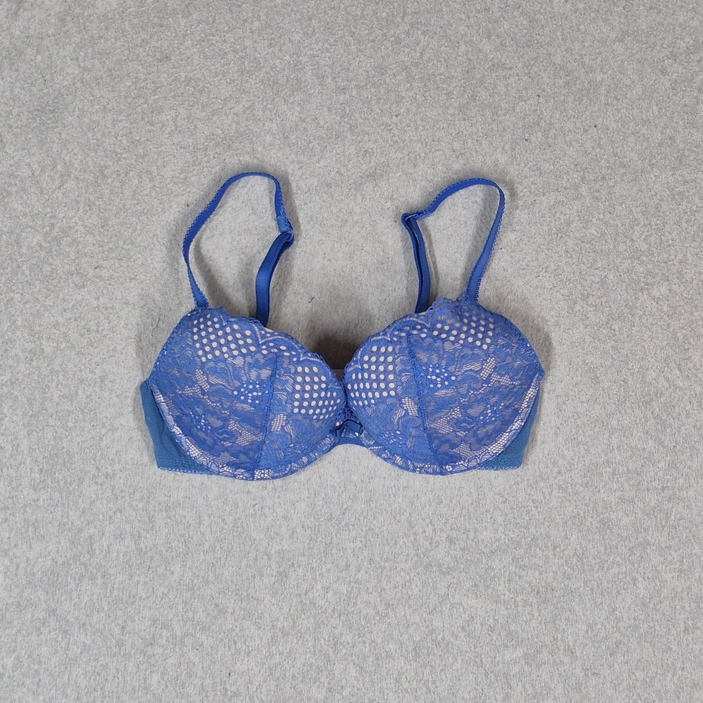 M&S Women Bra 32D Blue Push Up Underwired Lace Adjustable Straps
